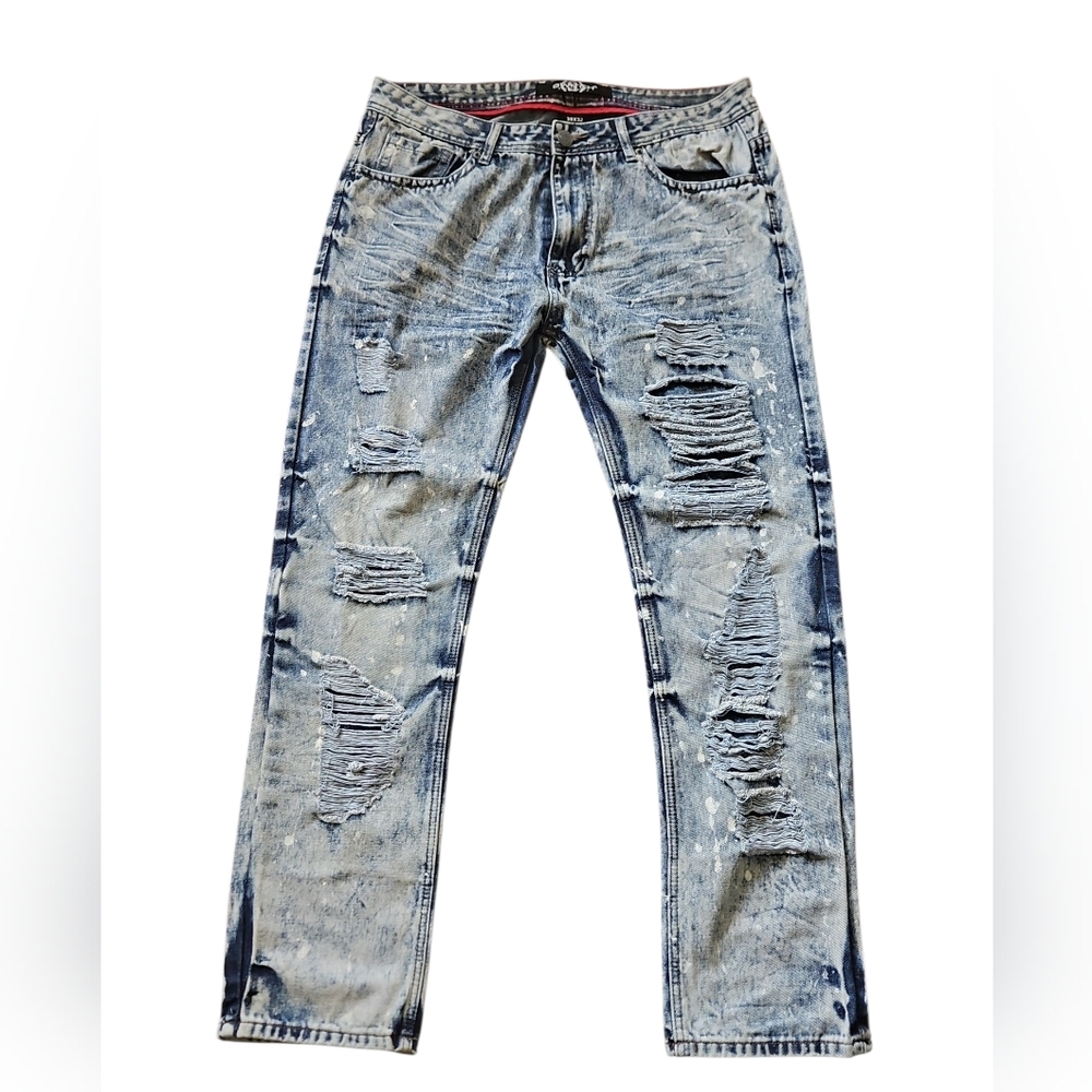 Switch Remarkable Jeans mens 38X32 Destroyed Patched Painted Slim Taper Fit